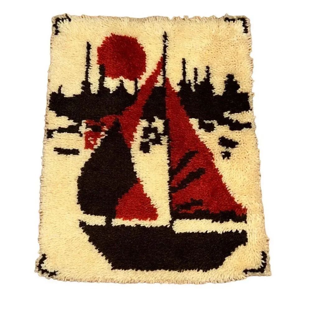 Vintage mid century 70s large ship boat latchhook rug wall hanging 20 x 26 inch